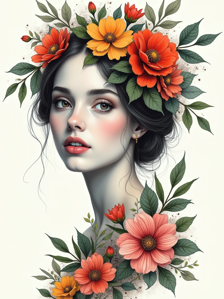 Elfo tatuado. Camisa branca leve. Ruivo barba curta escura. Magia. Mago. Bruxo. Folhas e flores nos cabelos. Tattoo of leaves and flowers emerging on arms and hands . Nu na floresta