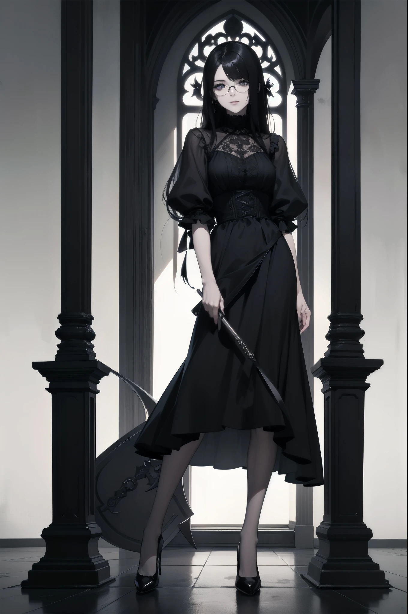 Shadow Face、beautiful girl、cute、、smile、Glasses、Droopy eyes、Black Hair、Beautiful Black Hair、Straight Hair、Bangs、Gothic Dress、Long skirt、Black pumps、.(Best Quality,4K,High resolution,Masterpiece 1.2),Very detailed,Real 1.37,Spooky altar background,Dark Story,Black color scheme,Ominous atmosphere,Eye-catching,Storytelling,anatomy,Anime Style,Concept Art,Inappropriate behavior,Scythe Face,beautiful, Delicate facial features, pale Skin, Dark Background, Cinema Lighting, Dramatic Shadows, Gothic, Gloomy atmosphere, Dark fantasy, One person&#39;S, Red cheeks, ,(Blood splatter 1.3),Scary smile, smile,Angel Design, TwiSted smile、Bloody,(Blood splatter 1.3),skull,Horror Style, ((Frilled Black Costume)), ((Flowing Black Hair)), Female Curves, Sexy flat stomach, Perfect hands, Perfect anime character face, (Black Dress)), Standing, ((Evil smile)), ,(Dark Gothic 1.3), Steam circulation, Moonlight Illumination, night lighting, (Blood splatter 1.3),Gothic architecture、Western architecture、Fantasy World、,Victorian city, Skeleton Gas Light,Absurd, High resolution、 ((Tabletop)), ((Best Quality)), (Very detailedな), ((Very detailed)), (beautiful), ((cute)), (nfsw1.8), one person,(1.6)、beautiful face、Full Body Ezbian、pale, Beautiful skin、Big Breasts、Beautiful black hair、Long Hair、Smile gently、Dark building ruins、(snow white&#39;Frill dress 1.3)、(The dark ruins are Bloody 1.3)、Low angle full body shot、(Glasses 1.2)、(Creepy 1.3)、(The girl lost a lot of blood........1.3)、(crazy smile1.6)、Spirits、(Blood dripping from the mouth 1.3)、（Glasses 1.5）、Droopy eyes、Gothic Dress、bangs, Long Hair, Glasses、Stained Glass