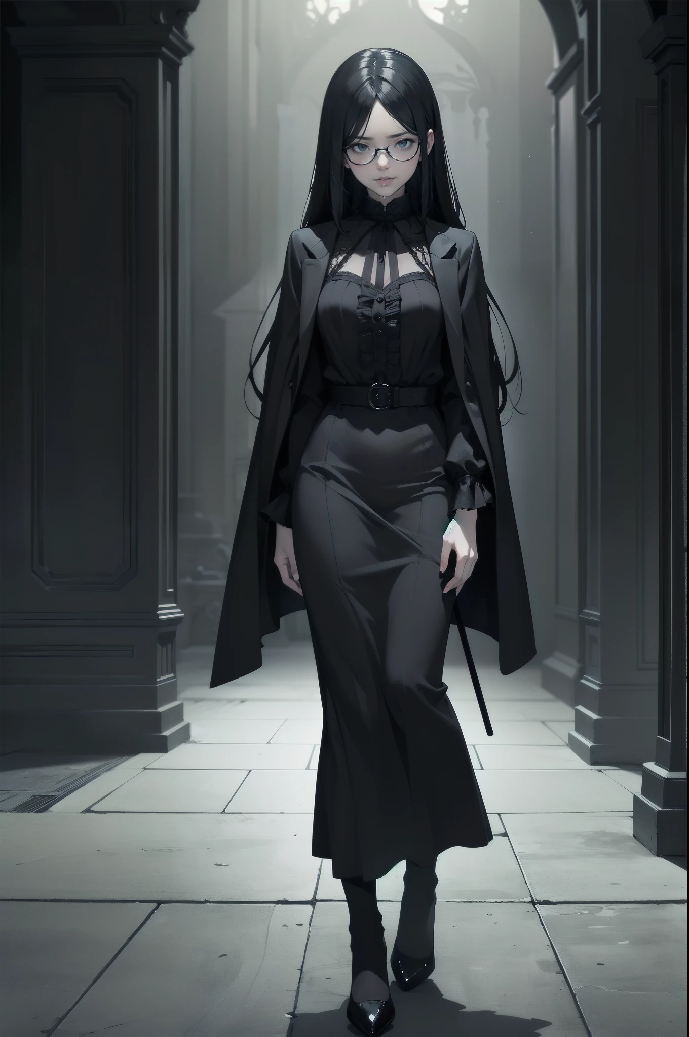 Shadow Face、beautiful girl、cute、Baby Face、smile、Glasses、Droopy eyes、Black Hair、Beautiful Black Hair、Straight Hair、Bangs、Gothic Dress、Long skirt、Black pumps、.(Best Quality,4K,High resolution,Masterpiece 1.2),Very detailed,Real 1.37,Spooky altar background,Dark Story,Black color scheme,Ominous atmosphere,Eye-catching,Storytelling,anatomy,Anime Style,Concept Art,Inappropriate behavior,Scythe Face,beautiful, Delicate facial features, pale Skin, Dark Background, Cinema Lighting, Dramatic Shadows, Gothic, Gloomy atmosphere, Dark fantasy, One person&#39;S, Red cheeks, ,(Blood splatter 1.3),Scary smile, smile,Angel Design, TwiSted smile、Bloody,(Blood splatter 1.3),skull,Horror Style, ((Frilled Black Costume)), ((Flowing Black Hair)), Female Curves, Sexy flat stomach, Perfect hands, Perfect anime character face, (Black Dress)), Standing, ((Evil smile)), ,(Dark Gothic 1.3), Steam circulation, Moonlight Illumination, night lighting, (Blood splatter 1.3),Gothic architecture、Western architecture、GothicArchitecture、Victorian city, Skeleton Gas Light,Absurd, High resolution、 ((Tabletop)), ((Best Quality)), (Very detailedな), ((Very detailed)), (beautiful), ((cute)), (nfsw1.8), one person,(1.6)、beautiful face、Full Body Ezbian、pale, Beautiful skin、Big Breasts、Beautiful black hair、Long Hair、Smile gently、Dark building ruins、(snow white&#39;Frill dress 1.3)、(The dark ruins are Bloody 1.3)、Low angle full body shot、(Glasses 1.2)、(Creepy 1.3)、(The girl lost a lot of blood........1.3)、(crazy smile1.6)、Spirits、(Blood dripping from the mouth 1.3)、（Glasses 1.5）、Droopy eyes、Gothic Dress、bangs, Long Hair, Glasses、Stained Glass