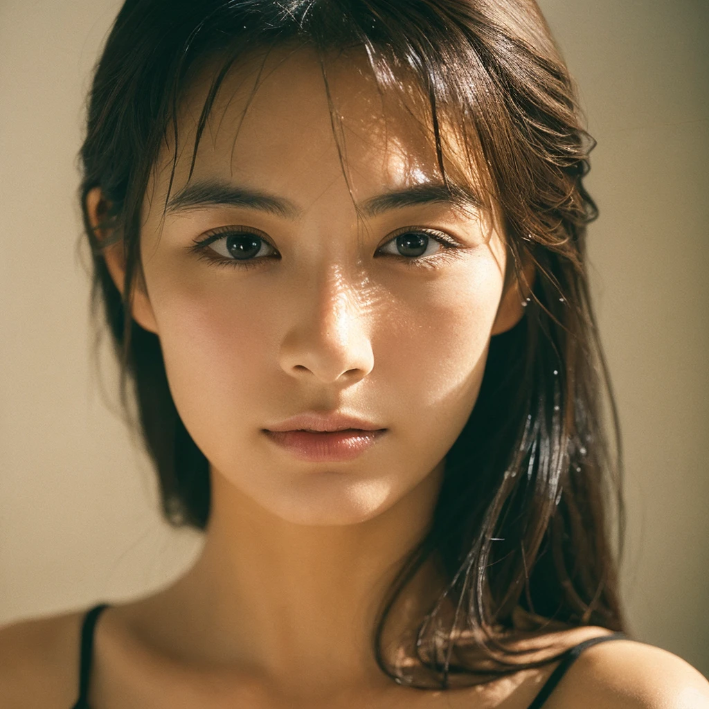 A hyper-realistic image of a single Japanese woman in her early 20s, captured with the nostalgic warmth and subtle graininess of a film camera. Her skin has a warm beige tone with a natural, slightly rough texture that includes visible pores, fine lines, and subtle imperfections such as small blemishes, adding to the authenticity of her appearance. The soft, diffused natural light enhances the film-like quality, casting gentle shadows that create a timeless, organic feel. Her straight, glossy black hair frames her face in a natural, slightly tousled manner, and her deep brown eyes reflect the ambient light, adding depth and emotion. The film camera effect introduces a slight grain and a softer focus, giving the image a warm, nostalgic atmosphere while maintaining the realistic texture of her skin. She is dressed simply, in a way that complements her natural beauty, with the overall composition designed to evoke a sense of genuine, understated elegance. The use of natural light, combined with the deliberately rougher texture of her skin and the film-like qualities, ensures that this image captures the imperfections that make her beauty truly lifelike, focusing solely on this one individual.