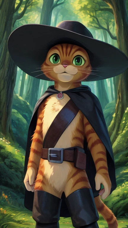 (male, solo, cat), highly insanely detailed, masterpiece, top quality, best quality, highres, 4k, 8k, RAW photo),((innocent look)),((ghibli style)),From the front, symmetrical composition,smile,cute,Innocent,Kind eyes,Flat chest,digital art Style, forest, (puss in boots \(character\)),front view, Upper body, green eyes, black cape, hat, hat feather, belt, black boots