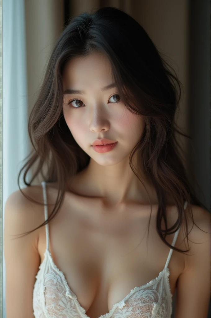 Beautiful Asian girl in a nightgown, lewd with holes, clearly showing her breasts.