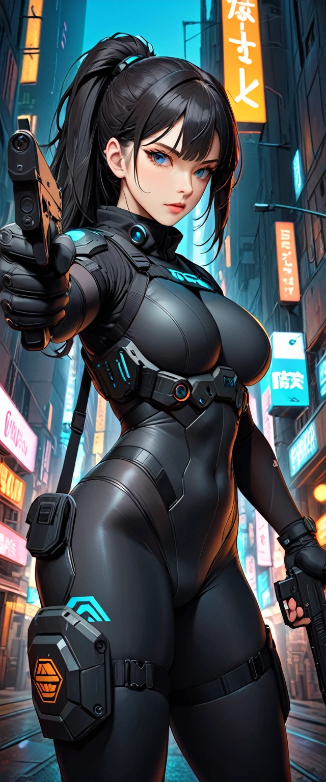 (masterpiece:1.2,Highest quality,Highest quality,Very detailed:1.2),8k,wallpaper,(One Woman),(Future female Japanese SWAT team member),(((pointing pistol:1.6))),(Extremely form fitting black tactical bodysuit),(Tactical Headset),(Tactical Holster),(Tactical Gloves),break(serious),(ponytail),(Black Hair),(Beautiful Face),(Beautiful Eyes),(Beautiful Eyes),(Very detailedな顔),(Very detailed female hand),(muscular),(sexy),(Big Breasts),(Thick thighs),(Beautiful body),(The background is the neon streets of a future city:1.6),(cyber punk:1.6),(((Hand,detailed,perfect,perfection,hands))),(Beautiful female hands),(Accurate hand drawing)
