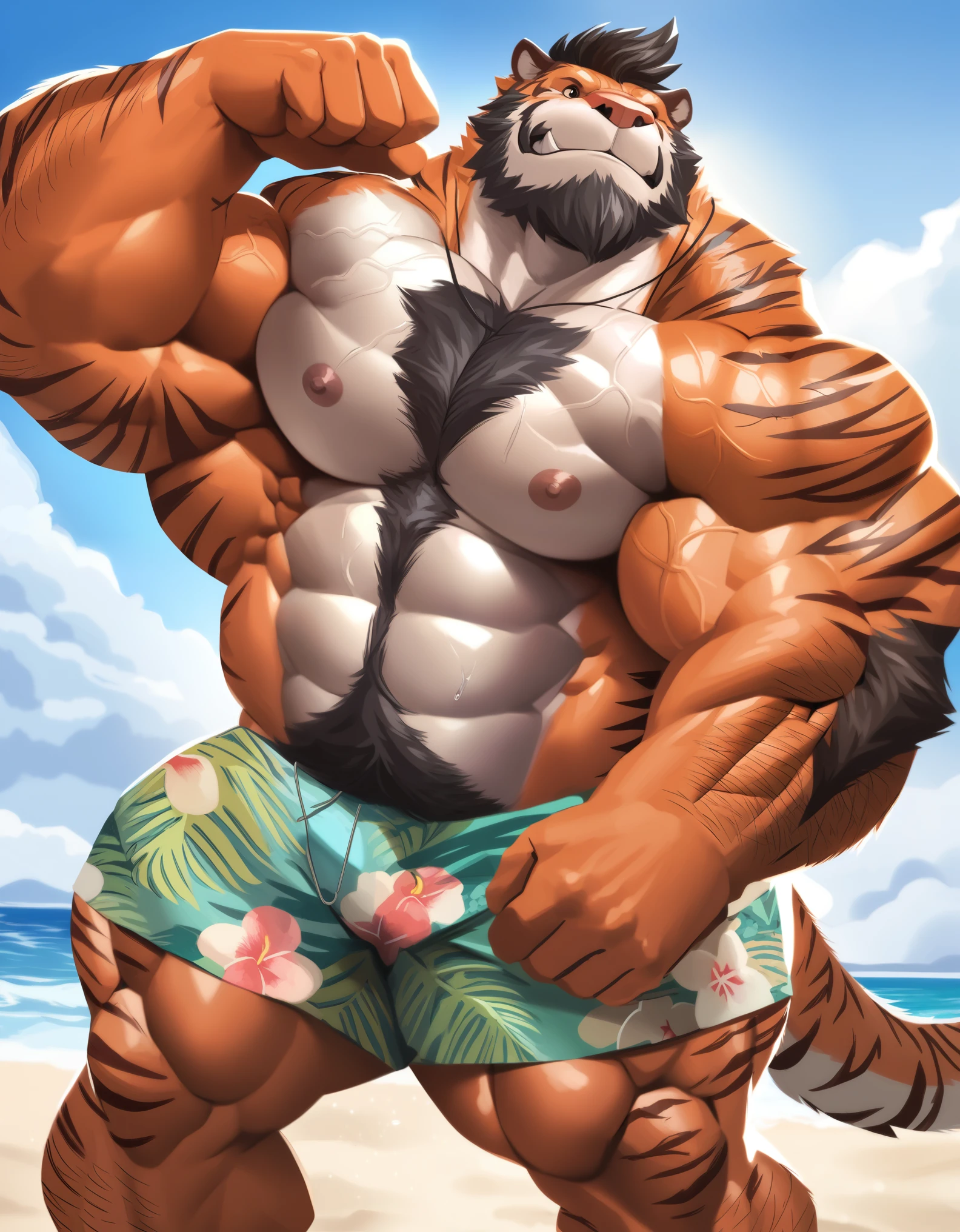 Super muscular adult boar beastman,(Wear Hawaiian traditional clothing:1.7),Open your mouth and stick out your tongue,(Surrounded by erect men:1.2),(a large amount of semen on the face and body,:2.0),Southern Island,(Anal Sex:1.9),Brown fur,Black hair and beard,M-shaped legs,Tattoo,Huge erect penis,(Nipple ring piercing:1.2),Blindfold,Hands behind back,(Deep Throat),M-shaped legs,semen gushing out of the anus