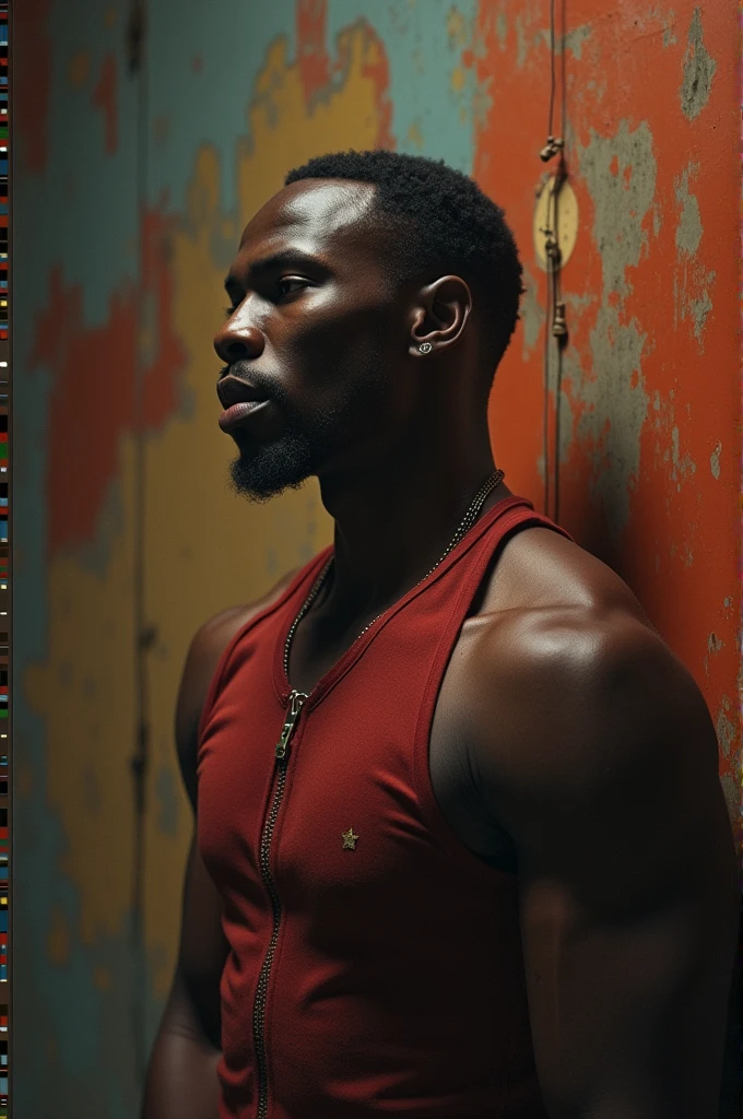 (dramatic illumination, dynamic angle, intense color contrast), (portrait of a young black man with black hair and brown eyes, muscular, wearing red t-shirt, black shorts), (cocky grin), (on climbing wall), (jock), (fechin oil painting),