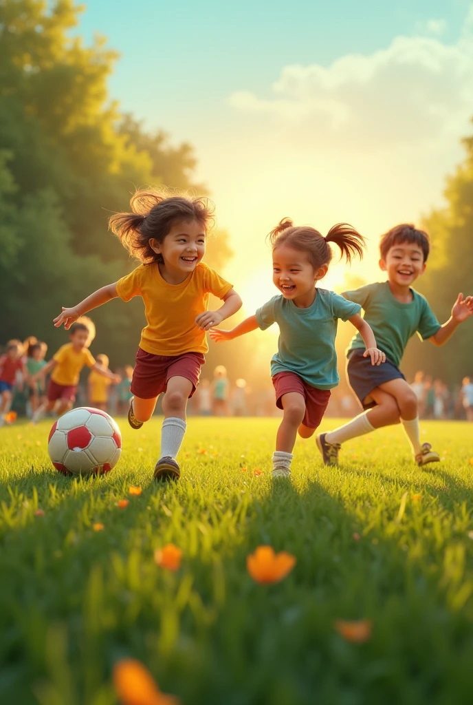 a happy group of children playing soccer in the mountains,cinematic scene,beautiful detailed eyes,beautiful detailed lips,extremely detailed eyes and face,long eyelashes,colorful,vibrant colors,warm lighting,dramatic lighting,cinematic composition,ultra detailed,8k,best quality,masterpiece,photorealistic,professional,physically-based rendering,sharp focus,vivid colors,landscape,adventure