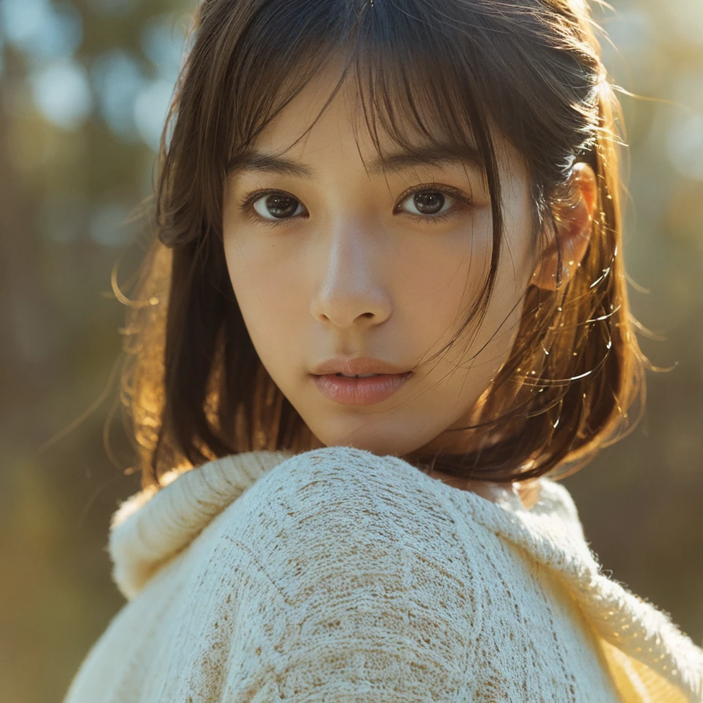 A hyper-realistic image of a single Japanese woman in her early 20s, captured with the nostalgic warmth and subtle graininess of a film camera. Her skin has a warm beige tone with a natural, slightly rough texture that includes visible pores, fine lines, and subtle imperfections such as small blemishes, adding to the authenticity of her appearance. The soft, diffused natural light enhances the film-like quality, casting gentle shadows that create a timeless, organic feel. Her straight, glossy black hair frames her face in a natural, slightly tousled manner, and her deep brown eyes reflect the ambient light, adding depth and emotion. The film camera effect introduces a slight grain and a softer focus, giving the image a warm, nostalgic atmosphere while maintaining the realistic texture of her skin. She is dressed simply, in a way that complements her natural beauty, with the overall composition designed to evoke a sense of genuine, understated elegance. The use of natural light, combined with the deliberately rougher texture of her skin and the film-like qualities, ensures that this image captures the imperfections that make her beauty truly lifelike, focusing solely on this one individual.