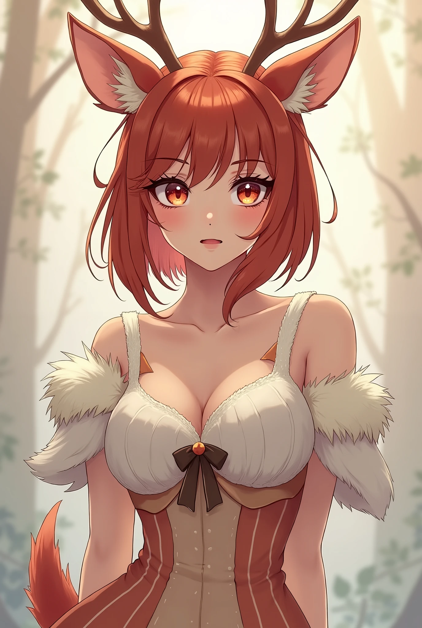 Makima ,   red  hair  , mischievous look, smug, cat ears, big breasts, collar with bell, maid's micro-bikini with big breasts, cat tail.  cat pose,