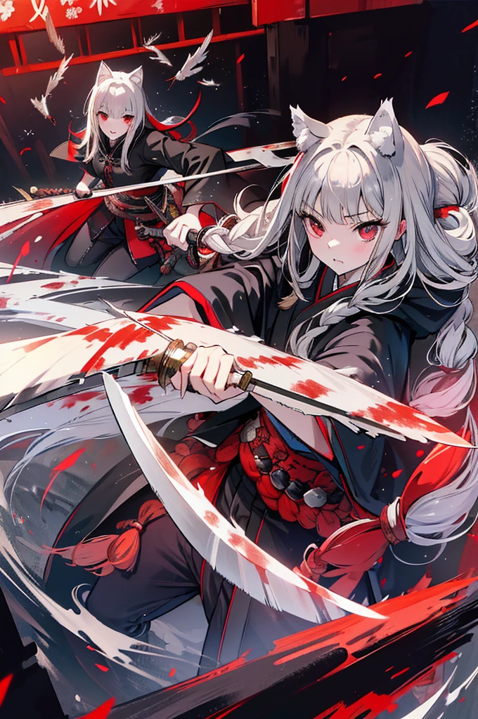 high quality, Wolf ears black kimono,Gray Hair,Long Hair,Bans, Captivating red eyes,Cool,warrior,Japanese Style,battle,Holding a sword,日本knife,knife,剣のbattle,Moving Pictures,Return blood,battlefield,break,kill,Jinki tribe,Monster Hunter