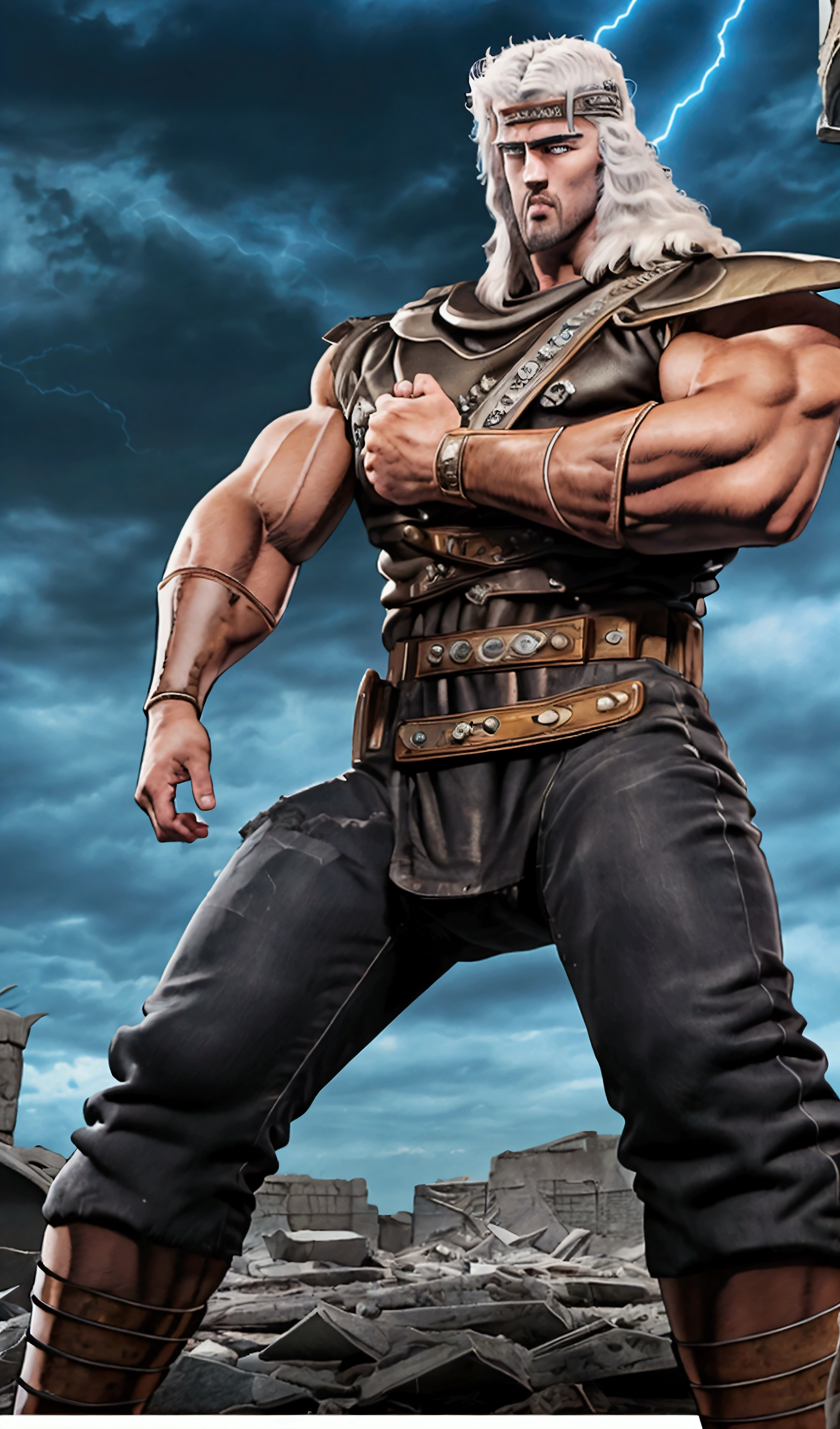 A modern man posed in a fighting posture, dressed as the protagonist in "Fist of the North Star", wearing a somewhat worn leather vest, a steel shoulder pad on the shoulder, revealing the scar of the Big Dipper on the chest, wearing old jeans and rugged leather boots, Their costumes feature heavy belts and fierce and determined expressions, while their poses exude strength and battle readiness, mimicking the dramatic intensity of the anime Fist of the North Star, 3D rendering, realistic and intricately detailed hair, realistic and detailed Real light and shadow, the background is the ruins of urban buildings after nuclear war, the sky is covered with dark clouds and lightning,