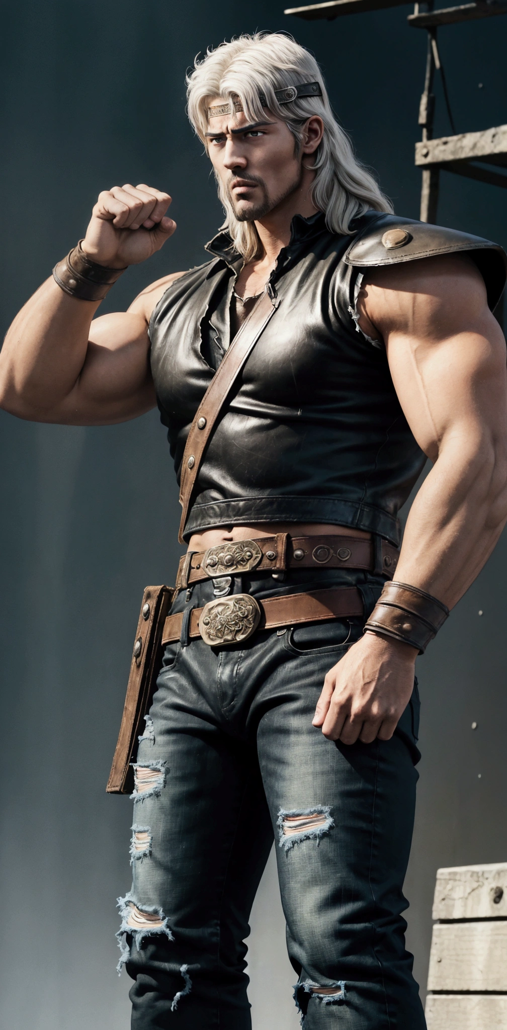 Picture a modern person striking a battle pose, dressed as a character from "Fist of the North Star": they wear a tattered leather vest with shoulder pads, ripped jeans, and rugged boots. Their outfit is accentuated with heavy belts and a fierce, determined expression, while their pose exudes strength and readiness for combat, mimicking the dramatic intensity of the anime’s ultimate fighters.