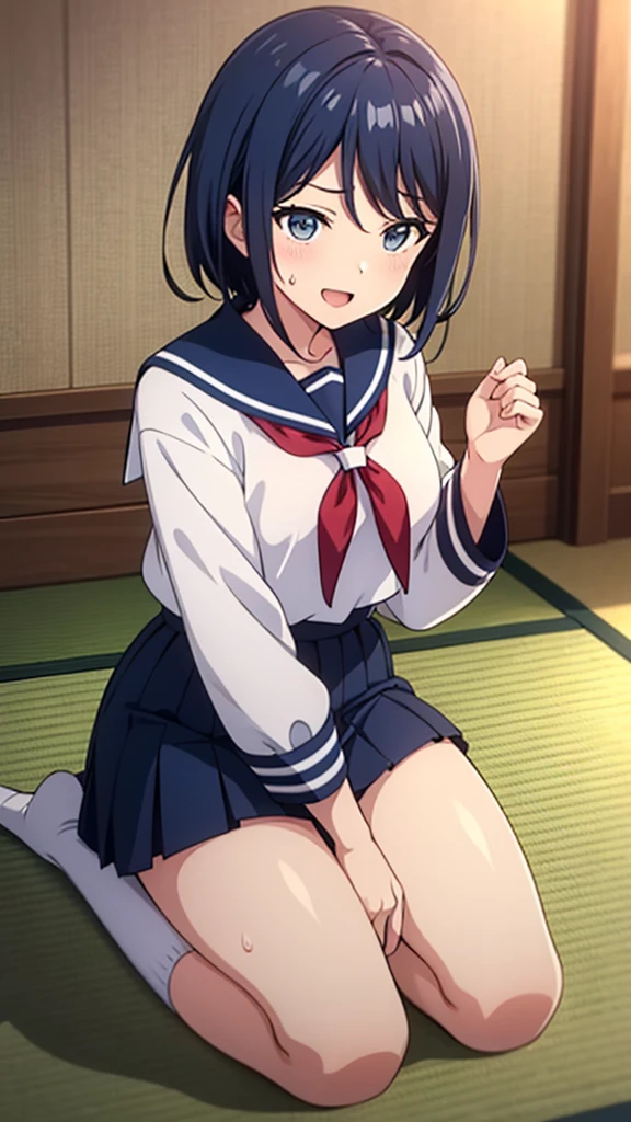 ((masterpiece, Best Quality, Very detailed, Very nice 8K CG wallpaper)), , A little thick, Medium Hair, Navy Blue Hair, Short Hair, Dark blue eyes,judo player、Sailor style uniform、Large bust、Sailor suit、mini skirt、judo、Cute expression、Inside the judo Gymnasium、、On the tatami、discovery、One Girl、whole body、rest、Hoshino Ichika、Bust size: D cup、幼い頃judo家によって育てられた、Sweating