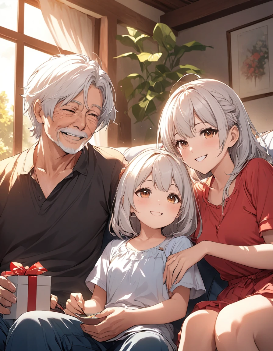 anime style, super fine illustration, highly detailed, dynamic angle, beautiful detailed, 8k, In September, during a warm afternoon, 3peoples, BREAK grandparents with white hair and wrinkled faces sit on the sofa, smiling. BREAK A  granddaughter and a  grandson hand gifts to their grandparents with cheerful smiles. BREAK The living room is filled with a warm and joyful atmosphere.