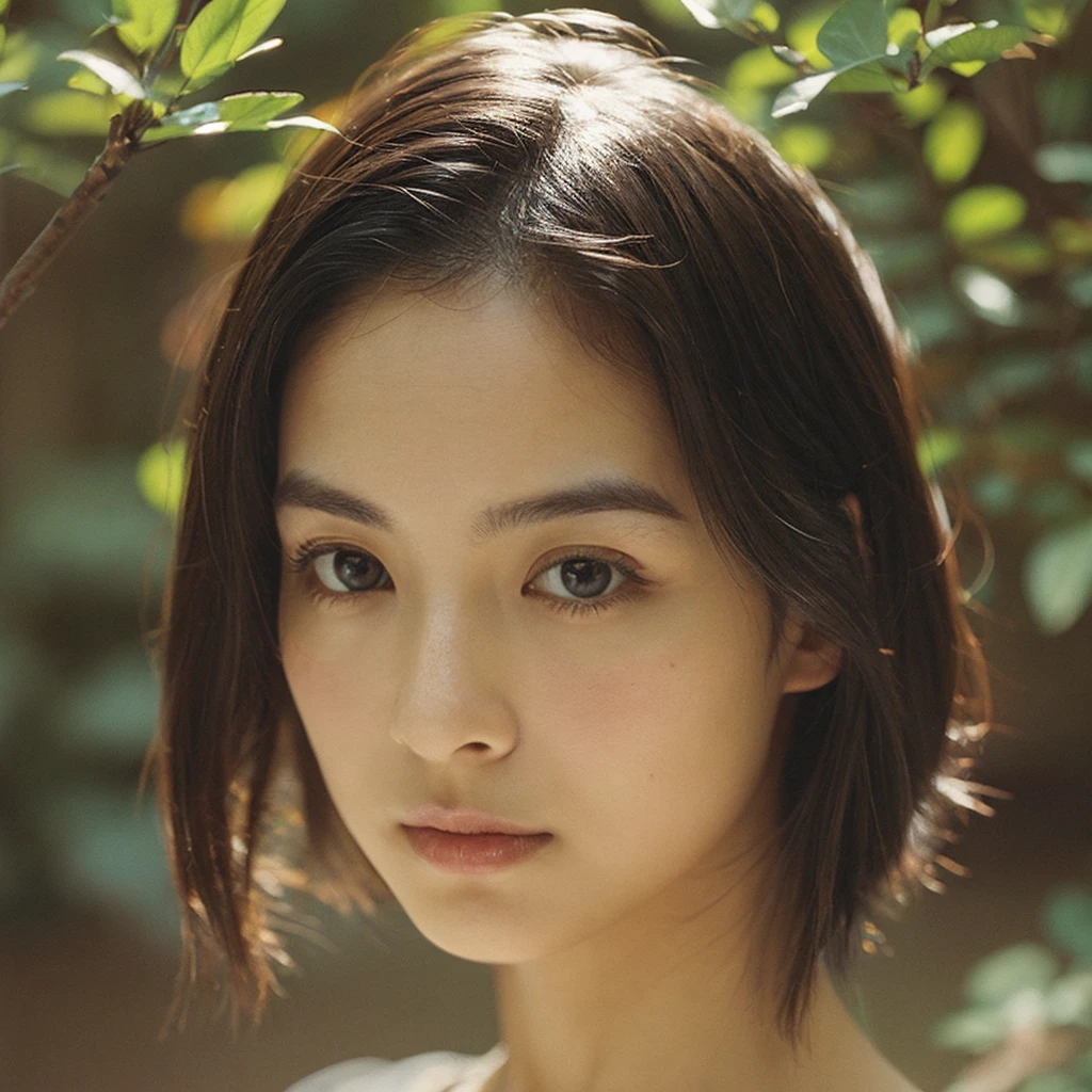 A hyper-realistic image of a single Japanese woman in her early 20s, captured with the nostalgic warmth and subtle graininess of a film camera. Her skin has a warm beige tone with a natural, slightly rough texture that includes visible pores, fine lines, and subtle imperfections such as small blemishes, adding to the authenticity of her appearance. The soft, diffused natural light enhances the film-like quality, casting gentle shadows that create a timeless, organic feel. Her straight, glossy black hair frames her face in a natural, slightly tousled manner, and her deep brown eyes reflect the ambient light, adding depth and emotion. The film camera effect introduces a slight grain and a softer focus, giving the image a warm, nostalgic atmosphere while maintaining the realistic texture of her skin. She is dressed simply, in a way that complements her natural beauty, with the overall composition designed to evoke a sense of genuine, understated elegance. The use of natural light, combined with the deliberately rougher texture of her skin and the film-like qualities, ensures that this image captures the imperfections that make her beauty truly lifelike, focusing solely on this one individual.