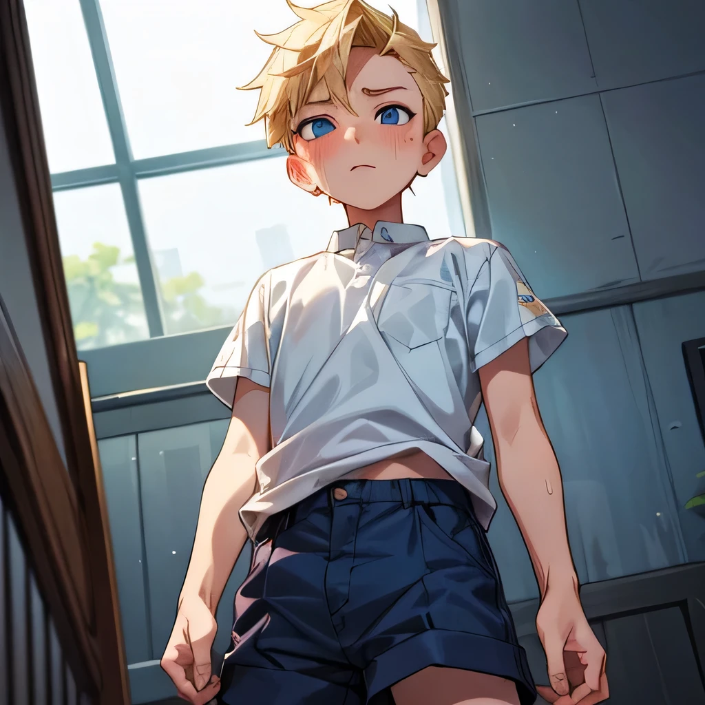 a handsome child cute boy 11yr blush pain passionate,undercut blond hair and blue eyes,webtoon style,wearing short pants,from below