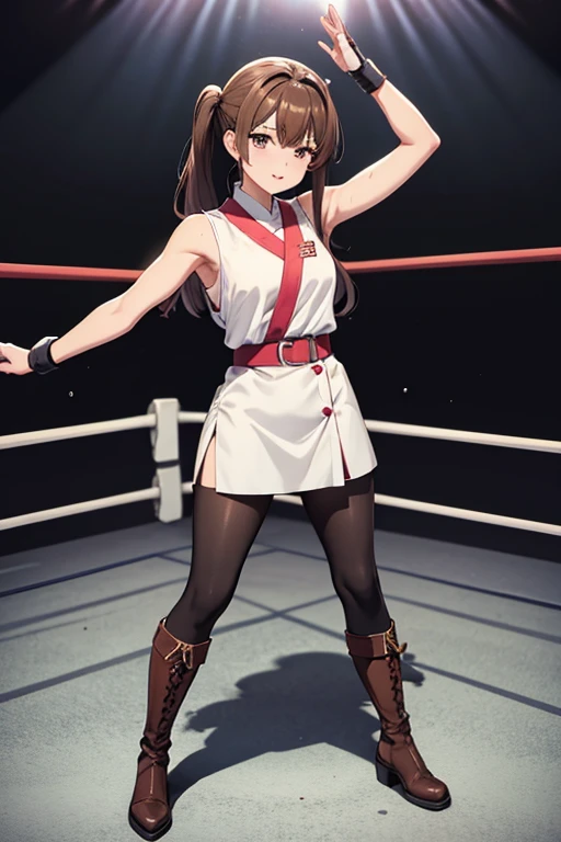 Anime Art、Full body portrait、Professional wrestling ring、A female martial artist, about 170cm tall, around 2, wearing a white sleeveless nurse uniform, standing upright with her arms folded、Hairstyle is up style、Brown Hair、Laughing arrogantly、There is a mole on the corner of the eye、Long boots、My whole body is wet with sweat、Black tights、Flat chest