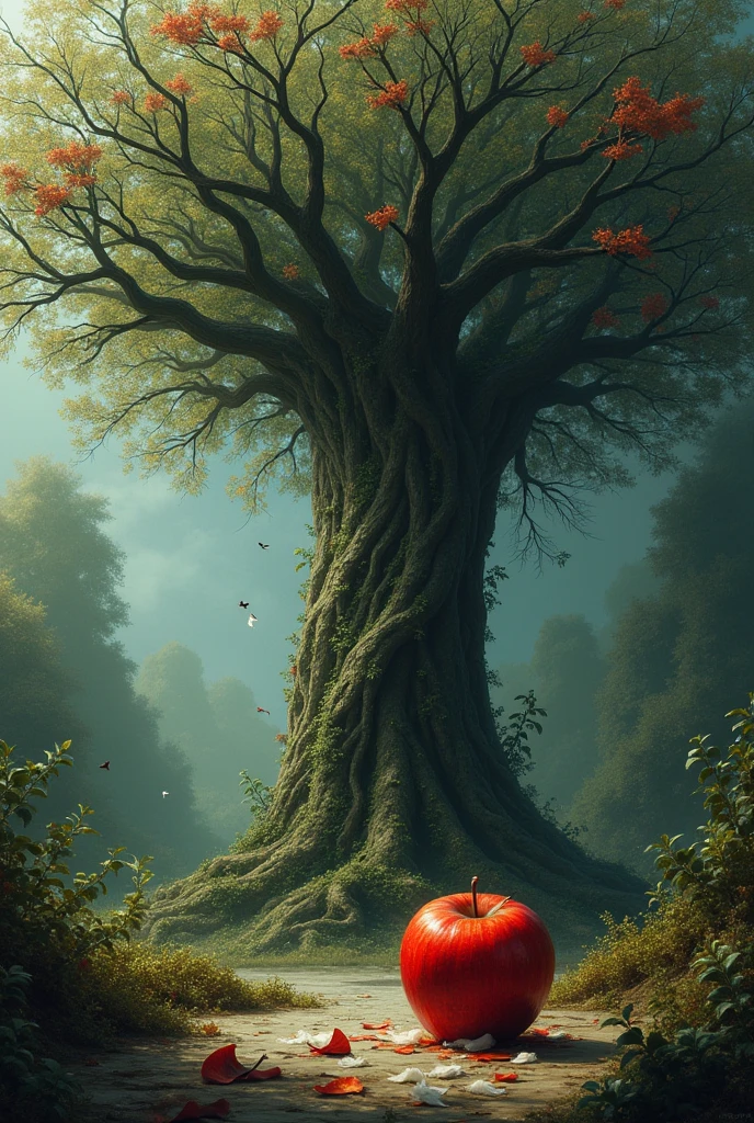 best quality,ultra-detailed,highly detailed,masterpiece,qixl, (1girl), (((full body))), white hair,  amber eyes,(red leaves on her body her body and arms and legs :1.3),hanging from a tree in a forest, fantasy card game art, realistic anime artstyle, inspired by Kurt Wenner, white hair floating in air, by Kanō Naizen, in this painting, photosynthesis, as above so below, rule 34, with a tall tree, freya