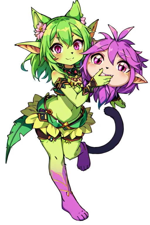 drawing of a cat with pink eyes and a flowered head, chibi monster girl, a humanoid thistle monster, goblin girl dnd character, colored drawing, inspired by Pinchus Kremegne, anime monster girl, whimsical demon with rainbow fur, fully colored, monstergirl, humanoid flora, a plant monster, inspired by Leiko Ikemura, full color drawing female furry ben 10 style