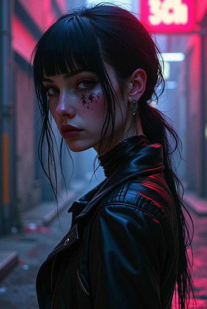 A side-profile shot of the young luc14nn4 woman, standing on the corner of a dystopian city street during a fierce rainstorm. Cyberpunk, bladerunner, moody.