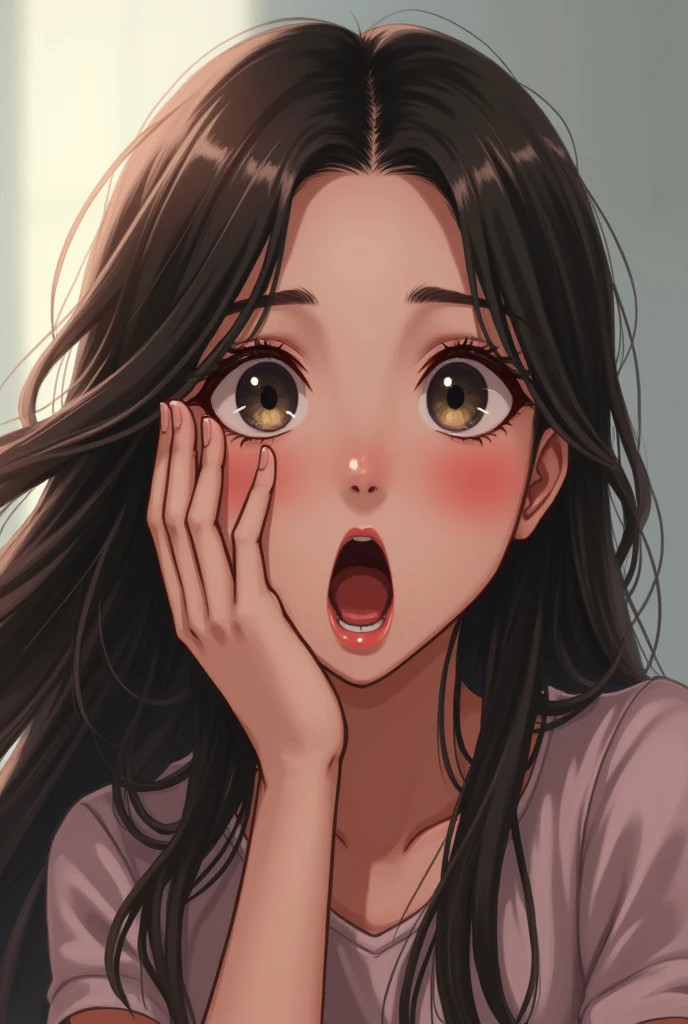Modern, Verism, masterpiece, Textured skin, Super Detail, Highest quality, 4K , Beautiful woman, Black Hair, Long Hair, She is opening his mouth wide, look very surprised.