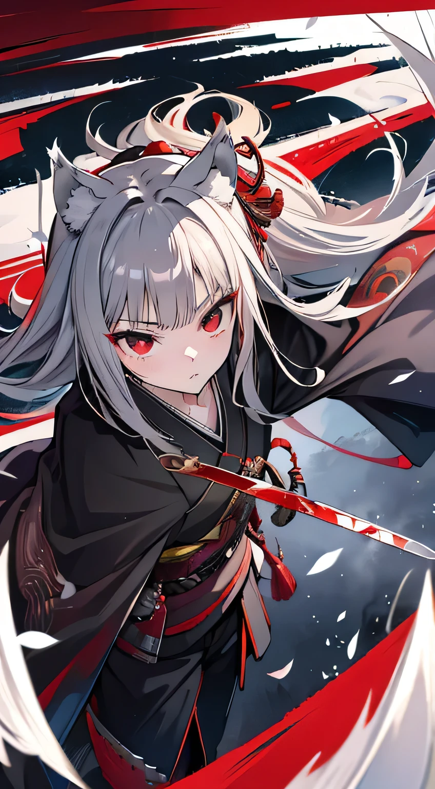 high quality, Wolf ears black kimono,Gray Hair,Long Hair,Bans, Captivating red eyes,Cool,warrior,Japanese Style,battle,Holding a sword,Japanese knife,knife,Sword battle,Moving Pictures,Return blood,battlefield,break,kill,Jinki tribe,Monster Hunter