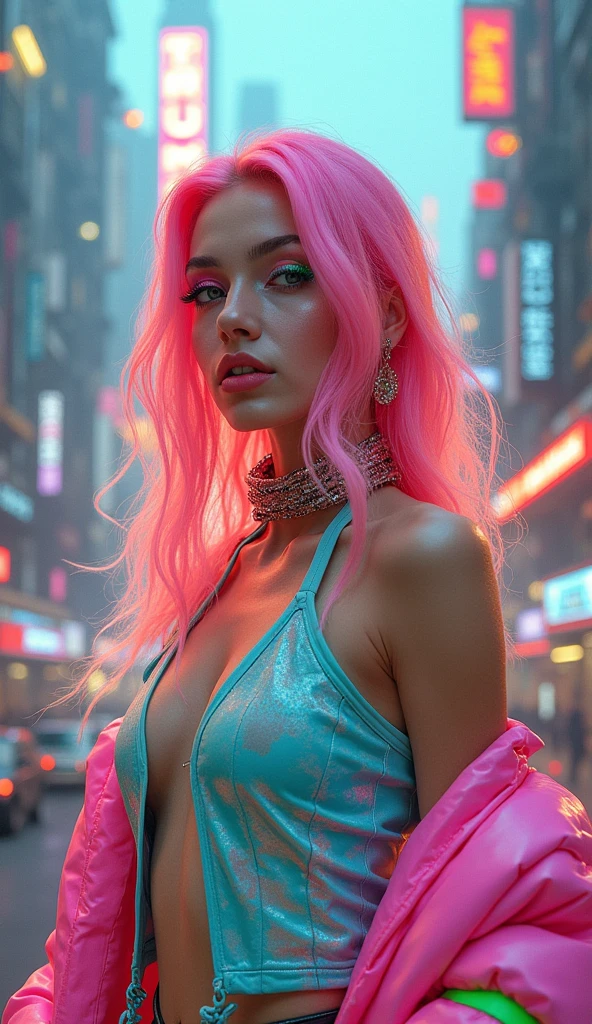 ((masterpiece)), RAW photo, (photo realistic:1.2), (extremely detailed), (sexy, erotic), High Detail, Sharp focus, beautiful eyes, detailed eyes, detailed face, perfect facial details, perfect mouth, detailed lips, solo, woman, pink hair, (cyberpunk bodysuit), kneeling, (realistic detailed skin), outdoors, cyberpunk, night, rain, volumetric lighting, (film grain:1.2),