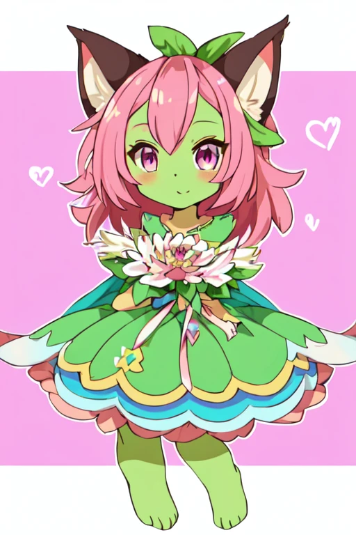 1girl, solo,  <lora:sdxl-lyco-mew_ichigo-cosplay-animagine_xl_3_1-AdamW8bit-v1-1-1:1:lbw=0,0,0,0,0,0,0,0,1,1,0,0,0,0,1,1,1,0,0,0,0,0,0,0,0,0>, mew_ichigo_cosplay, long hair, light green hair,  , , tail bow, gloves, cat tail, red gloves, tail bell, choker, detached sleeves,pink dress, strapless, relaxed posture, elbows extended, standing,  ,,smile, best quality, very aesthetic, ultra-detailed, intricate details, 4k,BREAK  in a misty forest
