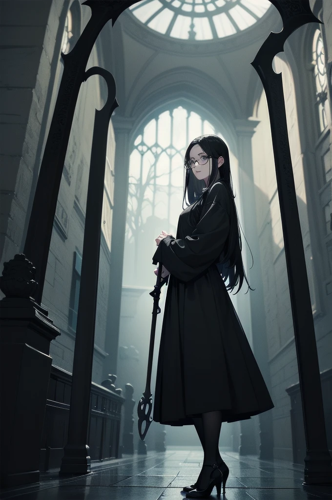 Shadow Face、beautiful girl、cute、Baby Face、smile、Glasses、Droopy eyes、Black Hair、綺麗なBlack Hair、Straight Hair、bangsぱっつん、Gothicドレス、Long skirt、Black pumps、.(Best Quality,4K,High resolution,Masterpiece 1.2),Very detailed,Real 1.37,Spooky altar background,Dark Story,Black color scheme,Ominous atmosphere,Eye-catching,Storytelling,anatomy,Anime Style,Concept Art,Inappropriate behavior,Scythe Face,beautiful, Delicate facial features, pale Skin, Dark Background, Cinema Lighting, Dramatic Shadows, Gothic, Gloomy atmosphere, Dark Story, One person&#39;S, Red cheeks, ,(Blood splatter 1.3),Scary smile, smile,Angel Design, TwiSted smile、Bloody,(Blood splatter 1.3),skull,Horror Style, ((Frilled Black Costume)), ((流れるようなBlack Hair)), Female Curves, Sexy flat stomach, Perfect hands, Perfect anime character face, (Black Dress)), Standing, ((邪悪なsmile)), ,(ダークGothic1.3), Moonlight Illumination, night lighting, (Blood splatter 1.3),Gothic architecture、Western architecture、Gothic建築、Victorian city, Skeleton Gas Light,Absurd, High resolution、 ((Tabletop)), ((Best Quality)), (Very detailedな), ((Very detailed)), (beautiful), ((cute)), One personで,(1.6)、Full Body Ezbian、pale, beautiful肌、Big Breasts、beautiful黒いの髪、Long Hair、優しくsmileむ、Dark building ruins、(snow white&#39;Frill dress 1.3)、(暗い廃墟はBloody 1.3)、Low angle full body shot、(Glasses 1.2)、(Creepy 1.3)、(The girl lost a lot of blood........1.3)、(クレイジーなsmile1.6)、Spirits、(Blood dripping from the mouth 1.3)、（Glasses 1.5）、Droopy eyes、Gothicドレス、bangs, Long Hair, Glasses、Stained Glass、Magic wand、witch、Magic Broom