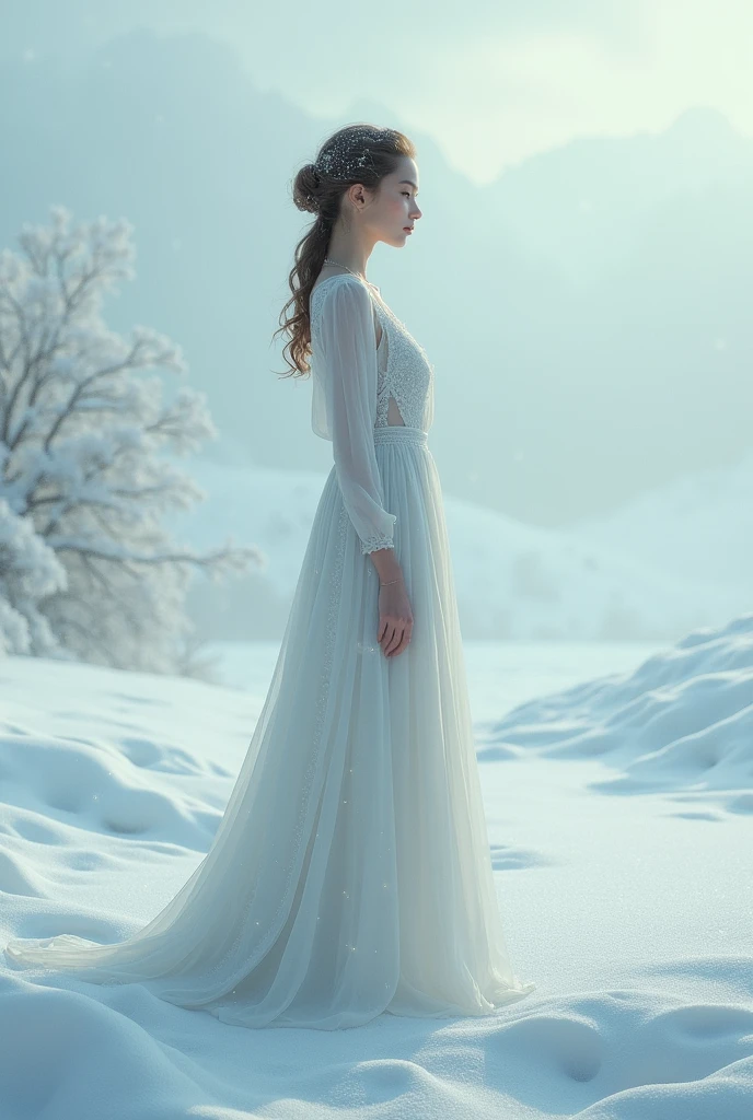 Elsa's flawless complexion gleams in the soft glow of moonlight, her ethereal figure draped in delicate, billowing fabrics fit for a winter fairy. In this breathtaking painting, the frost queen embodies purity and grace, with her porcelain skin reflecting the shimmering light around her. The intricate details of her outfit and the subtle hints of frost add a magical quality to the scene, creating a truly enchanting and captivating image.