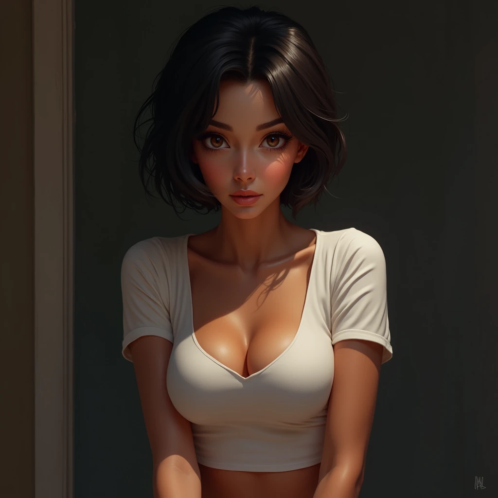 Beautiful 40 year old woman, short hair, black hair, serious face, small nose, best quality, masterpiece, big tits, natural tits, (with more clothes)