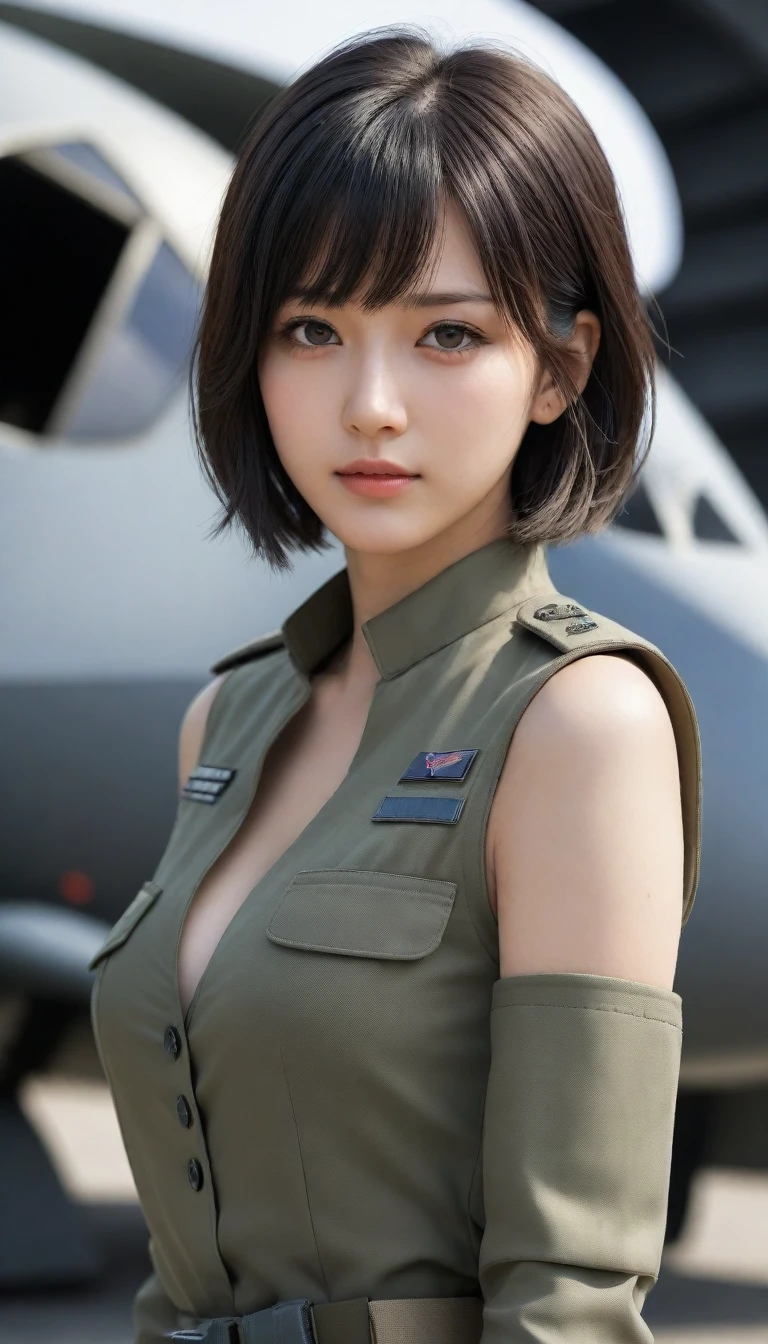 ((A girl wearing a camouflage Army military uniform)),(full body),((the girl has very short hair style:1.68)),((the girl is 15 years old)),(the girl has abnormal ultra extra gigantic ????????????:1.98),(the girl's each ?????? is more than the nineth times size of the girl's head:1.98),feminine,((baby face:1.37)),((very cute face:1.37)),((small nose,slim waist,small hip)),brown hair, smooth hair, smooth skin, ((big double eyelid eyes)), ((brown eyes)),((At the Air Force Base)),((Fighter jets are lined up behind the girl)),