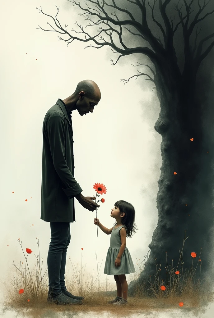 Men with covered face in a proposing position rose in a hand giving it to the 5 year old girl and back ground should be like a war feild and it should be dark and rainy and blood on the ground