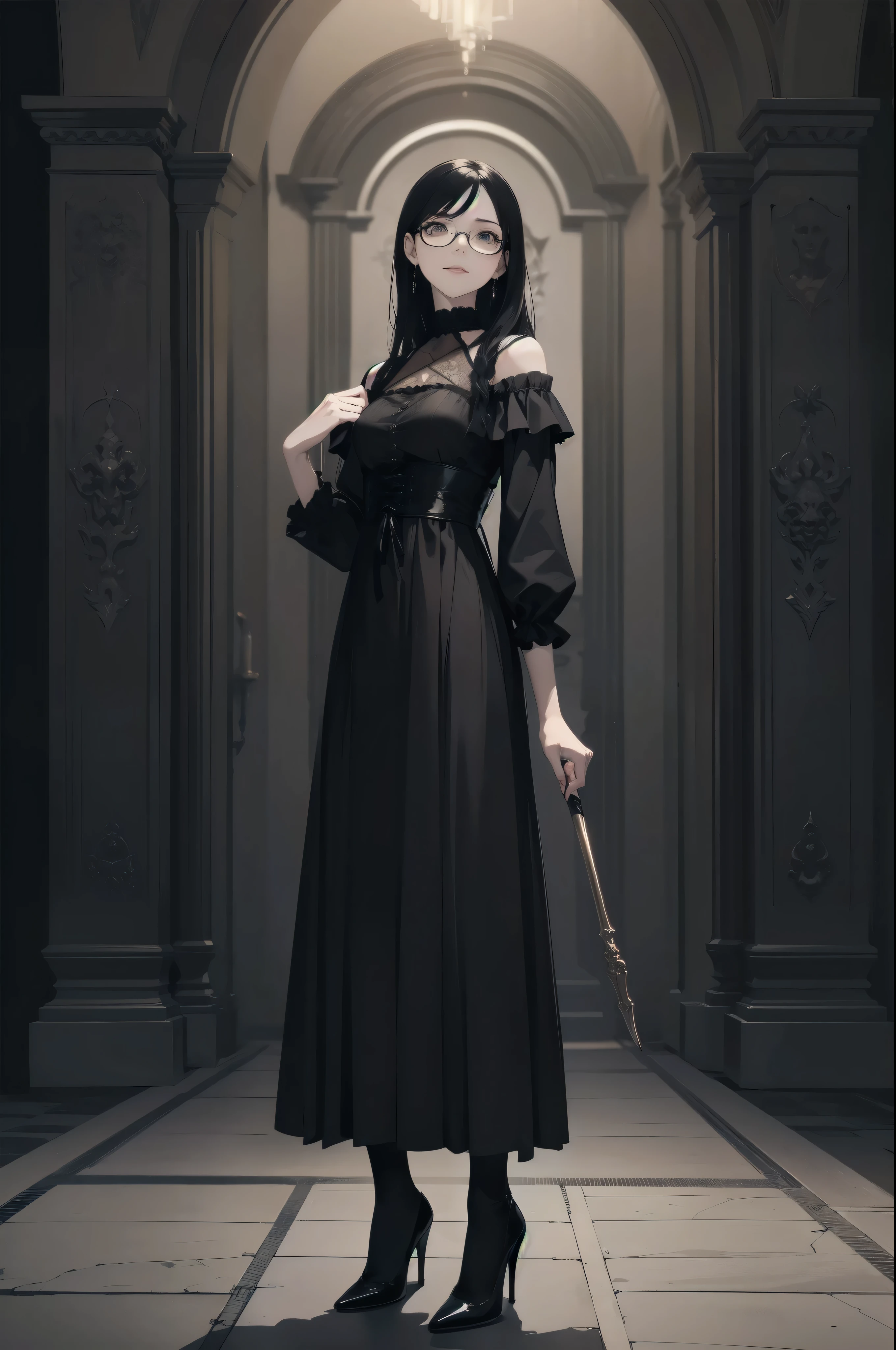 Shadow Face、beautiful girl、cute、Baby Face、smile、Glasses、Droopy eyes、Black Hair、Beautiful Black Hair、Straight Hair、Bangs、Gothic Dress、Long skirt、Black pumps、.(Best Quality,4K,High resolution,Masterpiece 1.2),Very detailed,Real 1.37,Spooky altar background,Dark Story,Black color scheme,Ominous atmosphere,Eye-catching,Storytelling,anatomy,Anime Style,Concept Art,Inappropriate behavior,Scythe Face,beautiful, Delicate facial features, pale Skin, Dark Background, Cinema Lighting, Dramatic Shadows, Gothic, Gloomy atmosphere, Dark fantasy, One person&#39;S, Red cheeks, ,(Blood splatter 1.3),Scary smile, smile,Angel Design, TwiSted smile、Bloody,(Blood splatter 1.3),skull,Horror Style, ((Frilled Black Costume)), ((Flowing Black Hair)), Female Curves, Sexy flat stomach, Perfect hands, Perfect anime character face, (Black Dress)), Standing, ((Evil smile)), ,(Dark Gothic 1.3), Steam circulation, Moonlight Illumination, night lighting, (Blood splatter 1.3),Gothic architecture、Western architecture、GothicArchitecture、Victorian city, Skeleton Gas Light,Absurd, High resolution、 ((Tabletop)), ((Best Quality)), (Very detailedな), ((Very detailed)), (beautiful), ((cute)), (nfsw1.8), one person,(1.6)、beautiful face、Full Body Ezbian、pale, Beautiful skin、Big Breasts、Beautiful black hair、Long Hair、Smile gently、Dark building ruins、(snow white&#39;Frill dress 1.3)、(The dark ruins are Bloody 1.3)、Low angle full body shot、(Glasses 1.2)、(Creepy 1.3)、(The girl lost a lot of blood........1.3)、(crazy smile1.6)、Spirits、(Blood dripping from the mouth 1.3)、（Glasses 1.5）、Droopy eyes、Gothic Dress、bangs, Long Hair, Glasses、Stained Glass