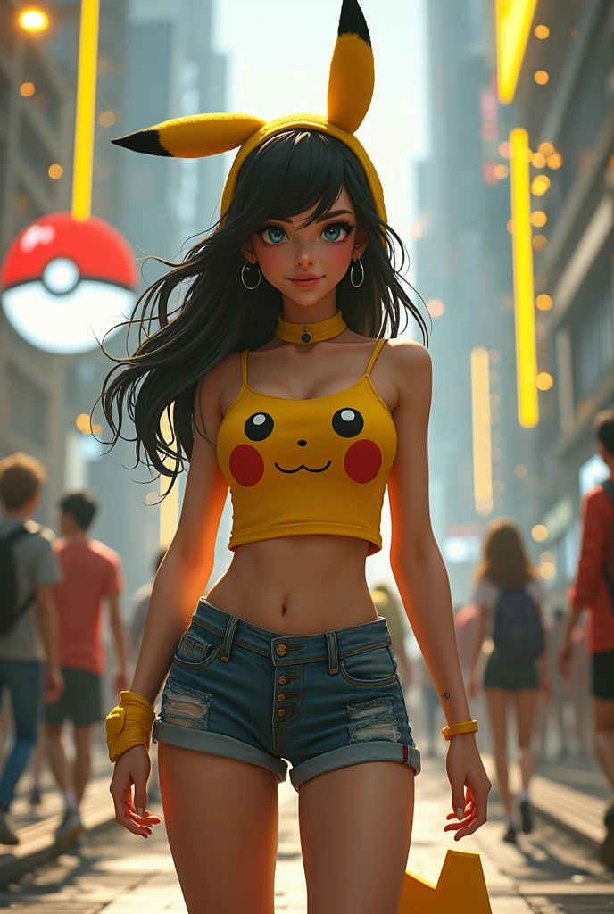 1girl, between breasts, crop top, cleavage, pikachu, shorts,, masterpiece, best quality, highly detailed