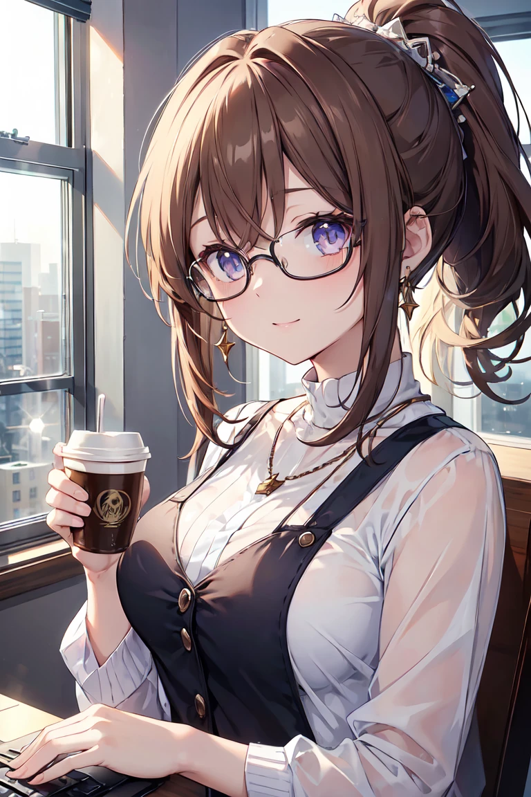 ((masterpiece)), ((highest quality)), (Very detailed), ((cute)), cute, (Lovely), ((sexy)), (device), ((Very detailed)), 4K, (8k), highest quality, (beautiful), Anime Style, Upper Body, Focus on the face, Whole body concentration, office, computer, morning, a cute girl, 1 girl, alone, suit, beautiful light brown hair, beautiful purple eyes, ((beautiful eyes)), White skin, ponytail, Transparent Hair, Translucent hair, Big Breasts, Glasses, Earrings, necklace, cup, coffee, A light smile, Lens flare, Reflection effect