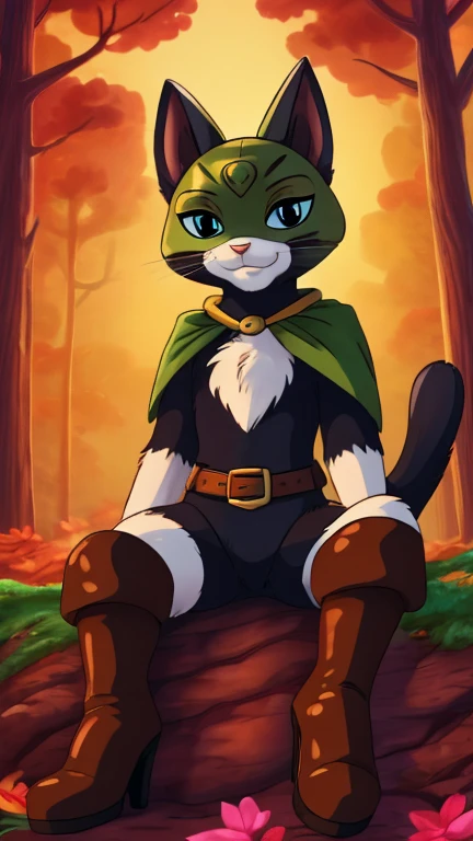 (furry female anthro, cat girl, solo), highly insanely detailed, masterpiece, top quality, best quality, highres, 4k, 8k, RAW photo),((innocent look)),((ghibli style)),From the front, symmetrical composition,smile,cute,Innocent,Kind eyes,Flat chest,digital art Style, forest, (KtySps),front view, Upper body, sitting, boots, thigh boots, furry,tail,belt, animal nose, blue eyes,body fur,cat tail, high heels, white fur, black fur,brown footwear, cat ears, animal ears, thighhighs, mask,green mask, small cape,green sash,
 