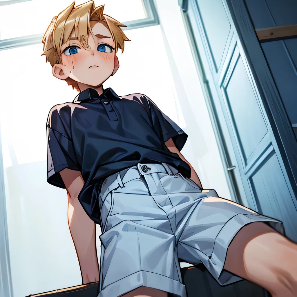 a handsome yr blush pain passionate,undercut blond hair and blue eyes,webtoon style,wearing short pants,from below