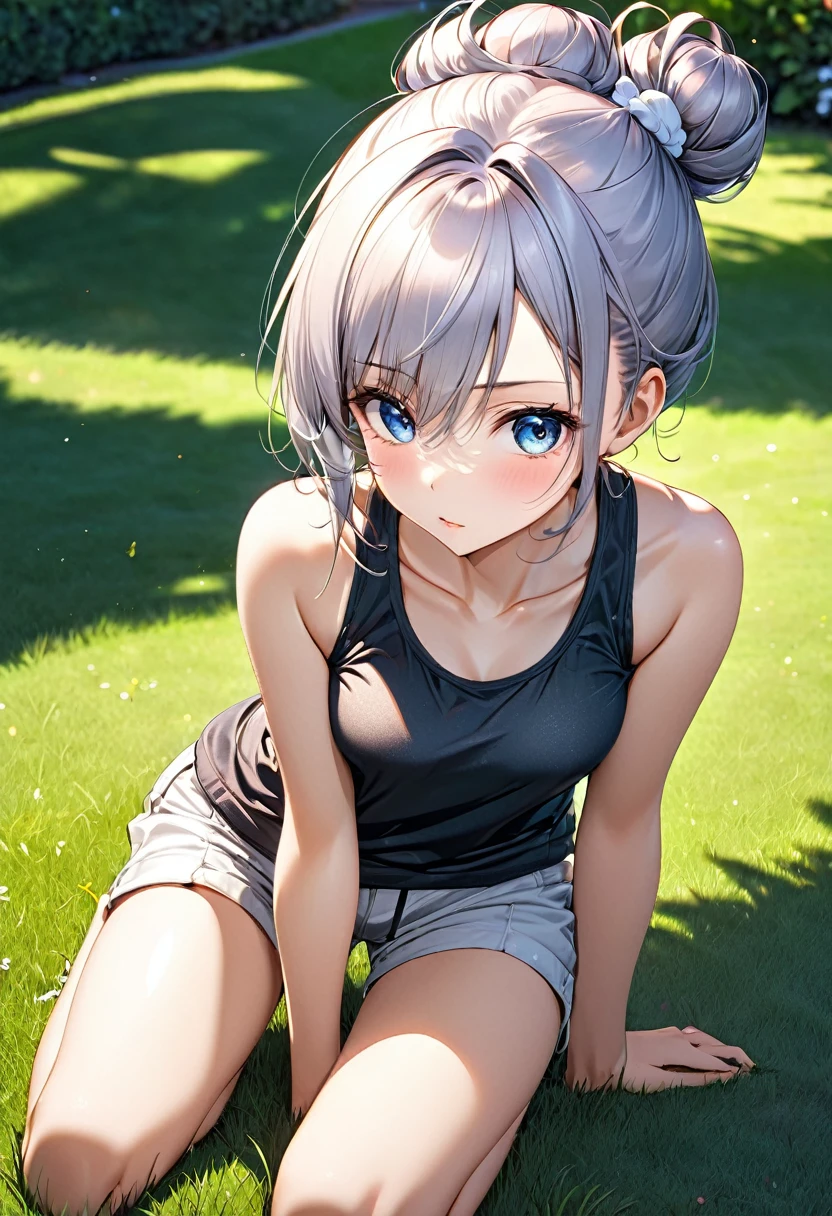 Girl in 1、masterpiece、Detailed beautiful face、Bright lighting、Daytime、outside of house、with light glowing、Detailed beautiful eyes、hight resolution、Ultra-fine illustration、extremely delicate and beautiful、top-quality、The whole body is shown、Squatting、crouching down、(ta:1.7)、college age、Open both knees、独奏, teenr、(de pele branca:1.5), (silber hair, short-cut、Bob Hair、Blue eyes),A smile、Smiled face、Hair tied at the back、Curvaceous, (shinny hair, Glossy eyes, shinny skin), (glistning skin:1.2), 、thighs thighs thighs thighs、Arms behind your head、Raise your arms、Armpit、front facing、(small tits),((Competitive swimsuit)),Pichi Pichi clothes、Enamel、ratex、Short skirt、The navel is visible、pelvis curtain、Armpits、A smile、black thighhighs、Watch your audience、under the boobs、Black belly、blushed、perspiring、Jeweled、Parting lips、pantyhose、Blushing cheeks、tiptoes、high-heels、gloves、elbow groves、Recurve the body