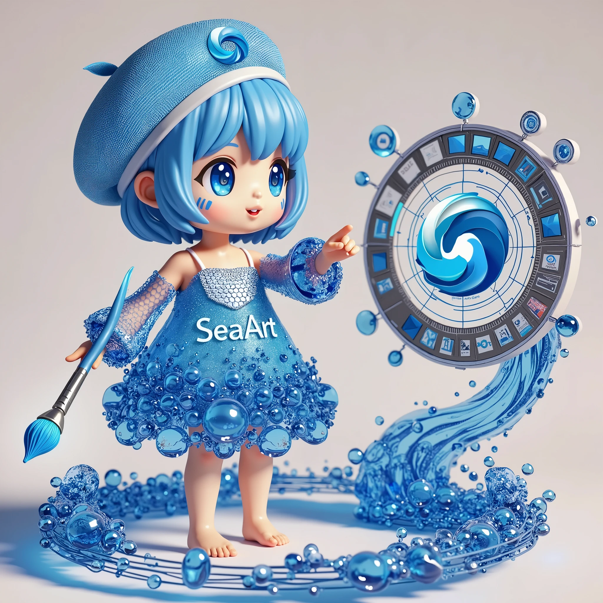 cute，A blue sea elf，Wearing clothes made from seawater，Wearing a digitally-made blue sea painter&#39;s hat，Barefoot，Holding a paintbrush in left hand，Right hand pointing forward，On the right hand, there is a large circle made of blue sea water with the word &quot;seaart&quot; written on it.，Swirl shape，Swirl shape，Curious expression，A person poses for painting，White Art World Background，Perfect Light，High image quality，Extraordinary texture，High-resolution details，Masterpieces，Vivid colors，High contrast tones，Cool colors，Fantasy style，Perfect Light，High image quality，Extraordinary texture，Chibi，3D Rendering，Unreal Engine，C4D，OC Renderer，Ray Tracing，Long-distance shooting