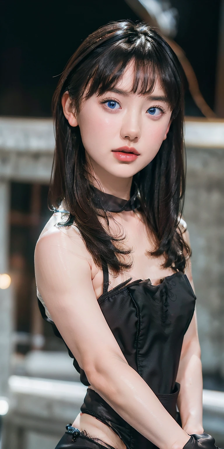 ((best quality)), ((masterpiece)), (detailed), 1girl, Black shirt, leggings, masterpiece, watching TV, ultra detail, black hair, cute, baby face, Gothic, black make up eyes, neck headband, black lipstick, narrowed eyes (cynical), plump, Hair tied, Hand accessories