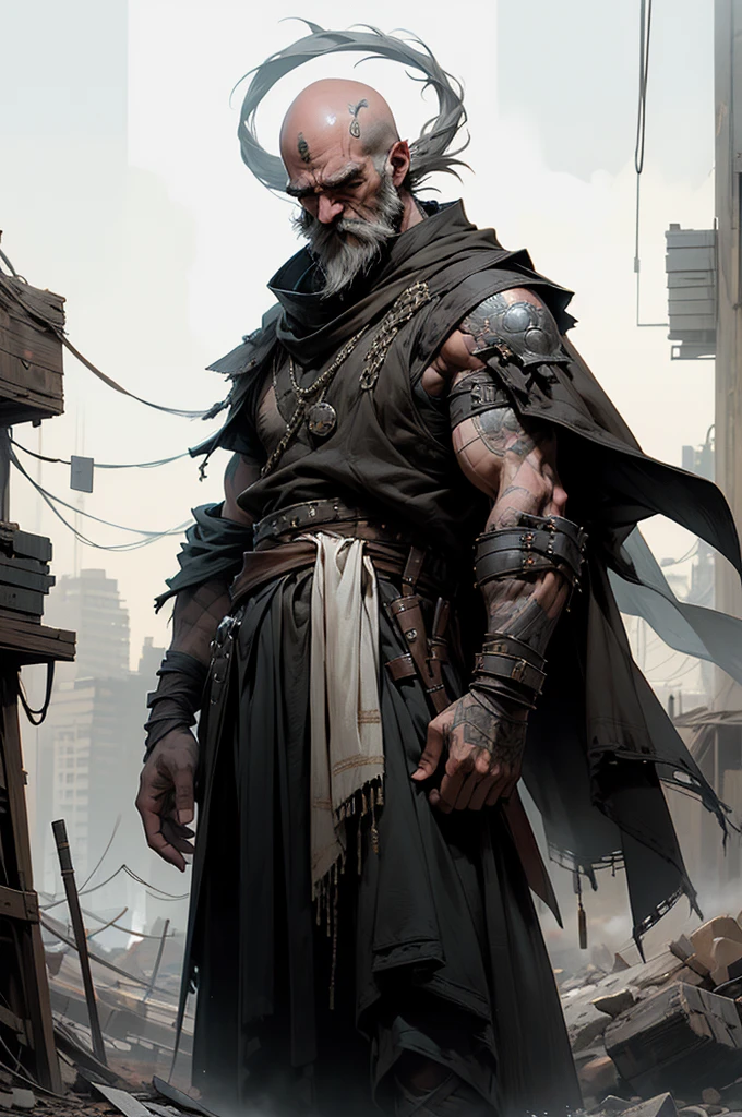 a close-up of a masculine person in a dim apocalyptic city, close-up shot, wearing tattered brown robes, proud, standing tall, head held high, middle-aged, thick beard, steely kind eyes, body turned toward the source of the shot, bald, has torn and tattered robes underneath scrappy leather armor, thick chain hanging off belt, tattered black sash hanging from belt, tattered shoulder cape similar to a simar, strong tattooed arms at his sides, leather wrap bracers around forearms. flat shading, drawing outlines, apocalyptic