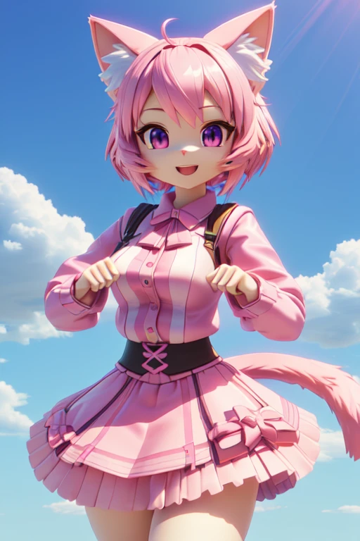 a cartoon girl in a pink skirt and cat ears, render of a cute 3d anime girl, cute cartoon character, cute character, cute 3 d render, animation character, 3d anime girl, 3d character, 3 d character, cartoon character, cute girl with short pink hair, pixie character, anime styled 3d, 3 d cartoon, 3 d character art female rozita pink cat transformers autobots style 