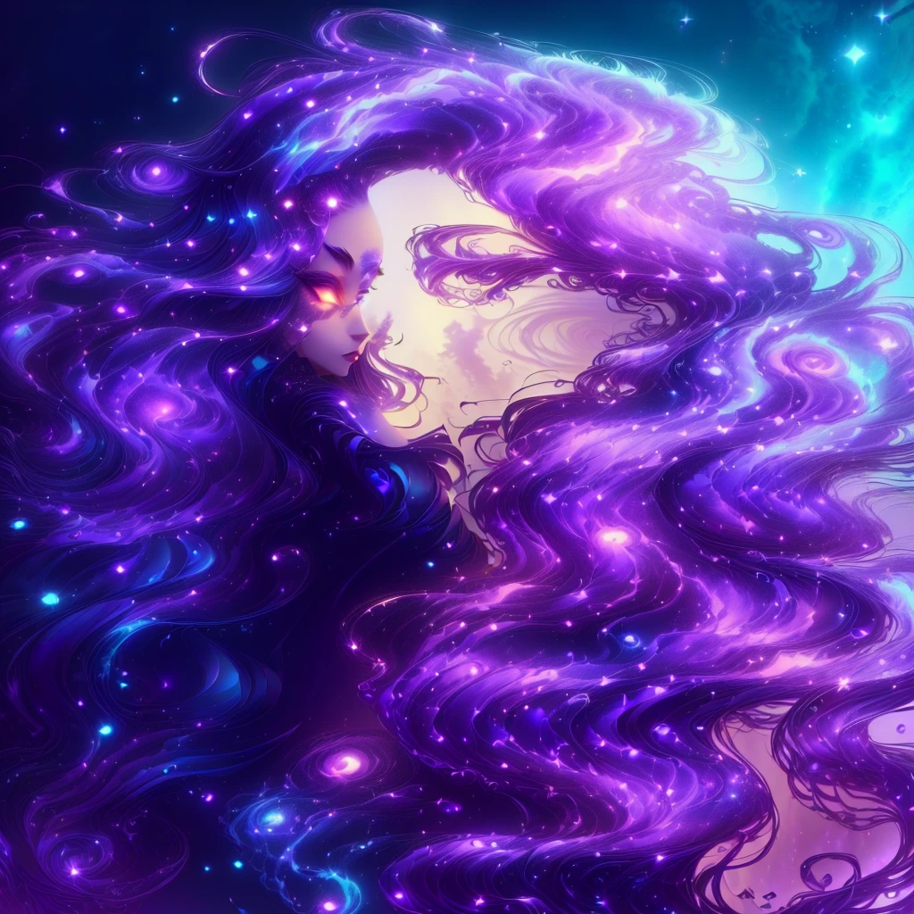 a woman with purple hair and a blue dress is posing, purple flowing hair, fantasy art style, vibrant fantasy style, violet long hair, gorgeous digital art, beautiful digital art, stunning art style, flowing purple hair, beautiful gorgeous digital art, anime girl with cosmic hair, beautiful fantasy art portrait, style artgerm, trending on artstration, trending artgerm