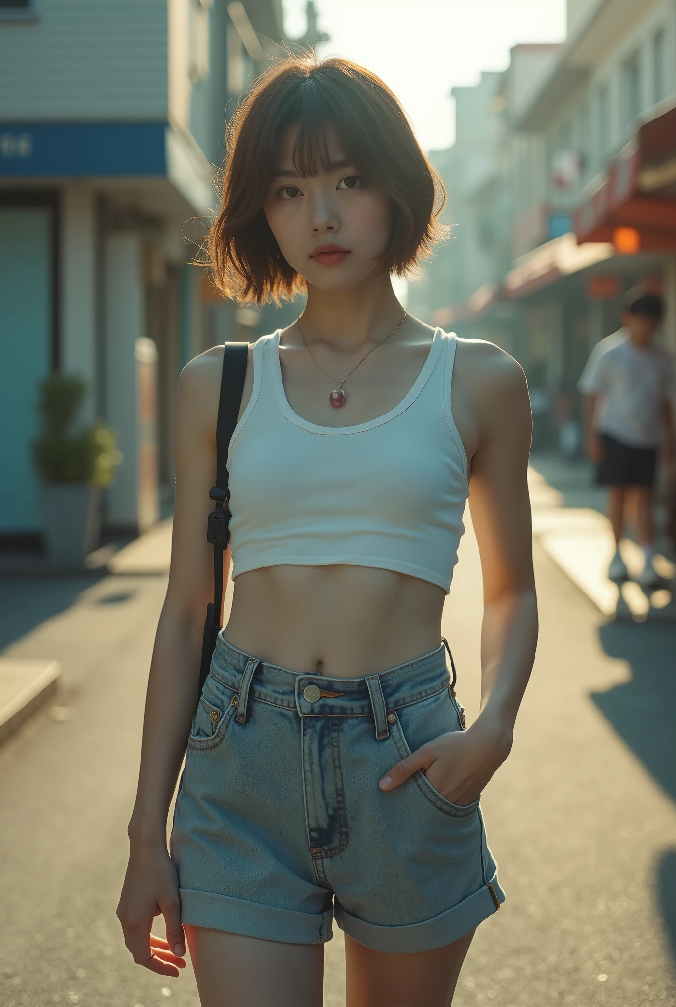A cute boy, Looks about 14 years old (short hair), Height about 140 cm, Very short shorts, Shorts bulging in the shape of a penis, flat chest like a boy, Slender body, The wall is a concrete wall, Black Hair, eyeball,  Surrealism, Blurred, Cinema Lighting, Bokeh, Very detailed, Anatomically correct, Accurate, Awards, 16K 、The clothes are transparent、Short torso、Anatomically correct体のバランス,Wearing a sports cap、Spreading my whole body