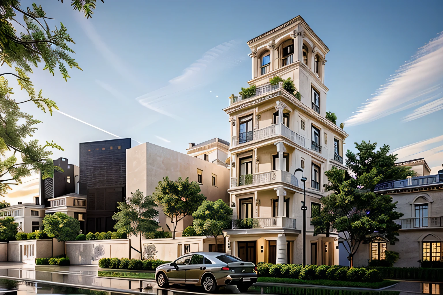 A neo-classical townhouse with elegant architectural details, including ornate moldings, columns, and large arched windows. The facade combines traditional stonework and light-colored plaster, evoking a sense of grandeur and timelessness. Beautiful potted plants are carefully placed at the entrance and along the balconies, adding a touch of greenery to the sophisticated exterior. The design blends classic proportions with modern landscaping, creating a harmonious balance between the old and the new, with natural elements softening the stately architecture.