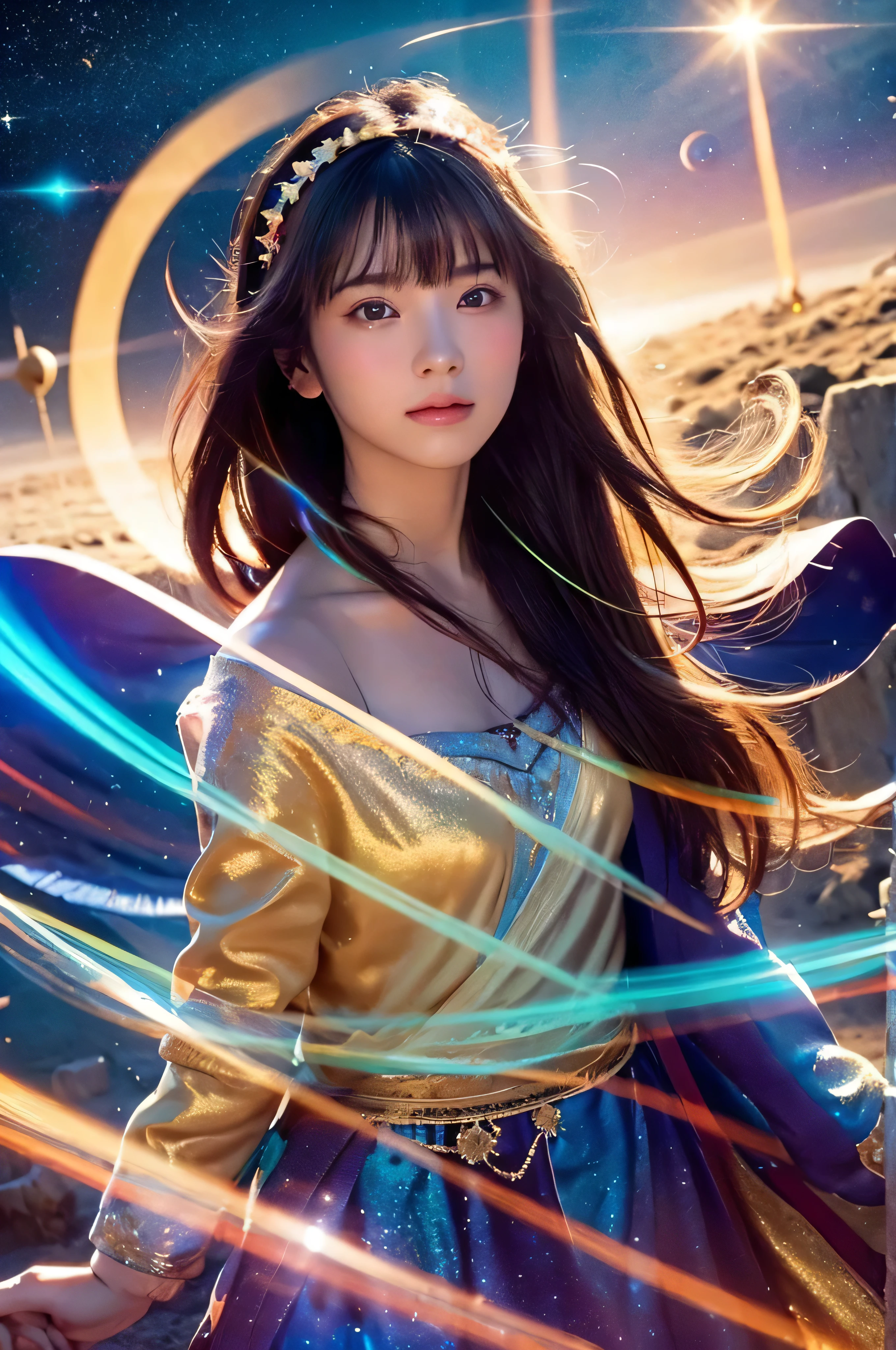 The prompt for this image is::
--- Beautiful Japanese girl、Standing in a fantastical background。The background is a flurry of sparkling light particles.、The blue and pink lights intersect in the darkness, creating a mysterious atmosphere.。The beautiful girl is wearing a thin fabric outfit.、The dress, with its intricate lace and embroidery, sparkles in the light.。Her long hair is also enveloped in light particles.、Emphasizing the fantastical atmosphere。
Beautiful girl poses sideways、Turn your face to us、The expression is fragile yet strong-willed.。Her eyes shine blue、It reflects the surrounding light and shines beautifully.。As a photographic technique、The contrast of light and shadow is very realistic.、The texture of the clothes and hair in particular is depicted in great detail.。
The vertical composition emphasizes the beautiful girl's figure.、The fantastic light in the background creates a super-realistic, photo-realistic texture.。overall、This image expresses the beauty and mystery of a dream.。