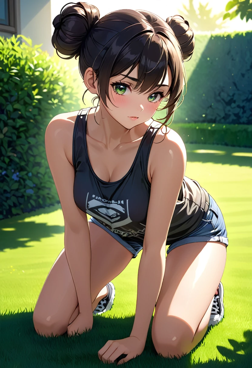 beautiful woman, striking beautiful eyes, glossy silky messy bun hair, amorous and lewd expression, perfect proportions, wearing baggy tank top, shorts, crouched down to tend to the lawn, delicate and dynamic textures, contrasts of light and shadow, 2.5D, artistic digital graphic CG, ultra detailed, absolutely resolution, best quality