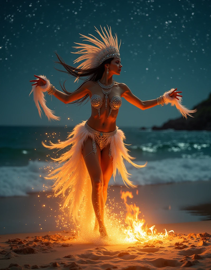 photorealestic，full bodyesbian，Kizi，Bigchest，beachside，dewpoint，Fire dance