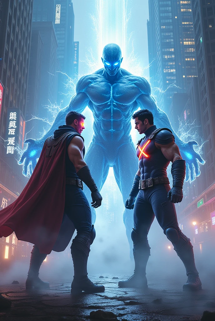 Cyber knight duels with a handsome man who has a blue dragon spirit and has glowing blue tattoos all over his body.