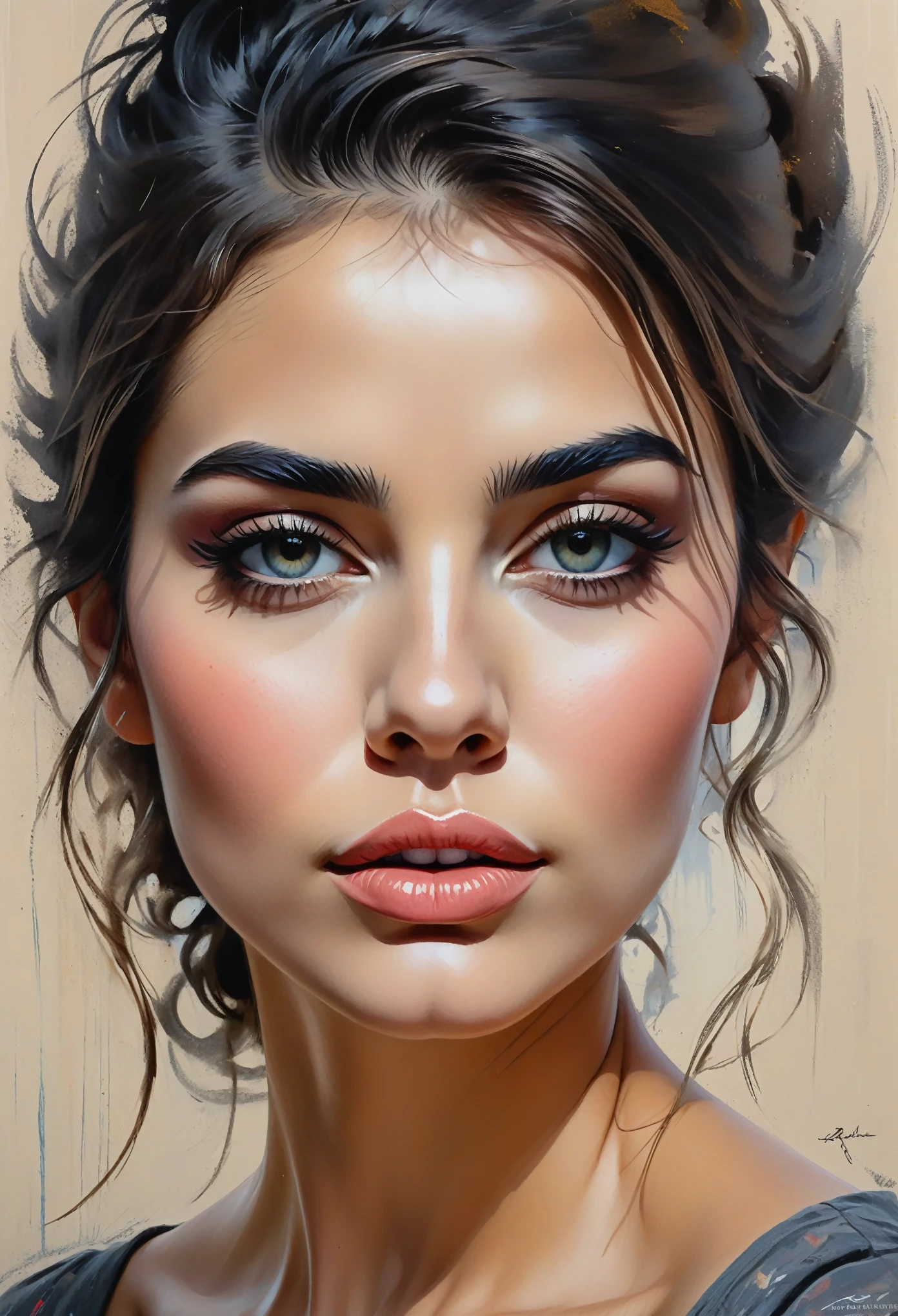 a beautiful woman, perfect body, best quality, detailed face, detailed eyes, detailed lips, detailed skin, oil painting, (flat painting:1.3), graphic design, (bold brush strokes:1.2), realistic painting, simple and minimal, (impressionism painting:1.3), oil on canvas, textured paper, sketch, (charcoal smudge:1.2), (bold brush texture:1.1), (chaotic lines:1.1), (pencil outline:1.2), image grain, (classic oil painting:1.2), blended lines, serious artwork, matte colors, (impressionism:1.2), (Kevin beilfuss:1.1), (faded shadows:1.2), (face art:1.1), (middle eastern face:1.05)